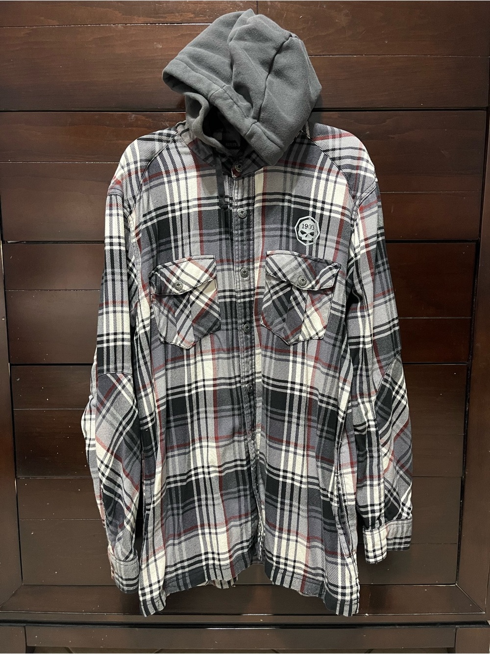 Harley-Davidson Gray & Black Plaid Hooded Flannel Shirt